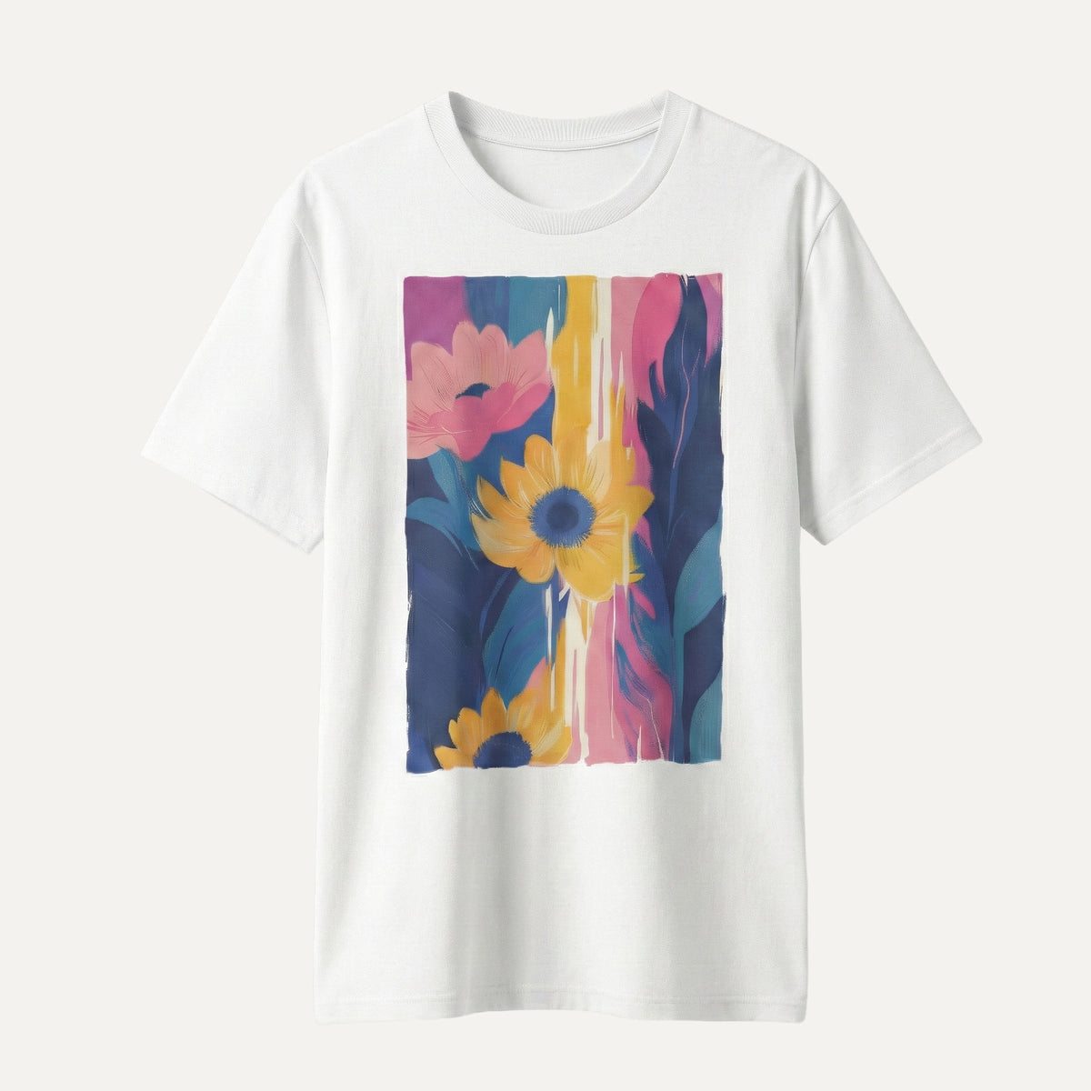 White t-shirt with a colorful floral design on a white background