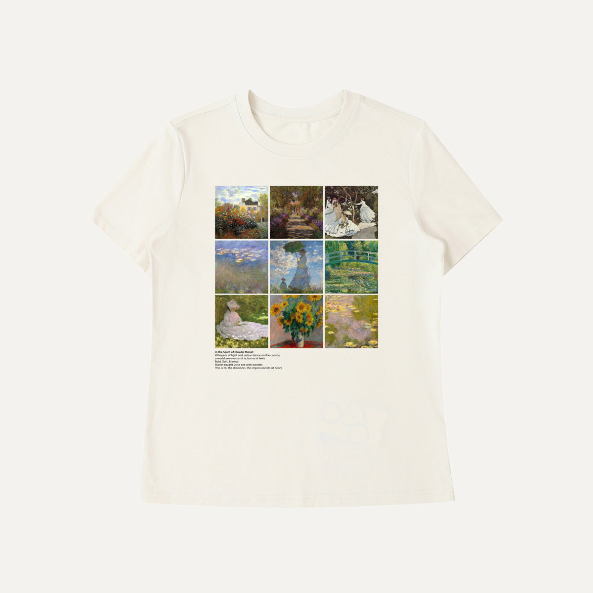 Beige t-shirt with a collage of images on a white background