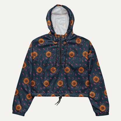 Blue hooded jacket with a brand logo on a white background