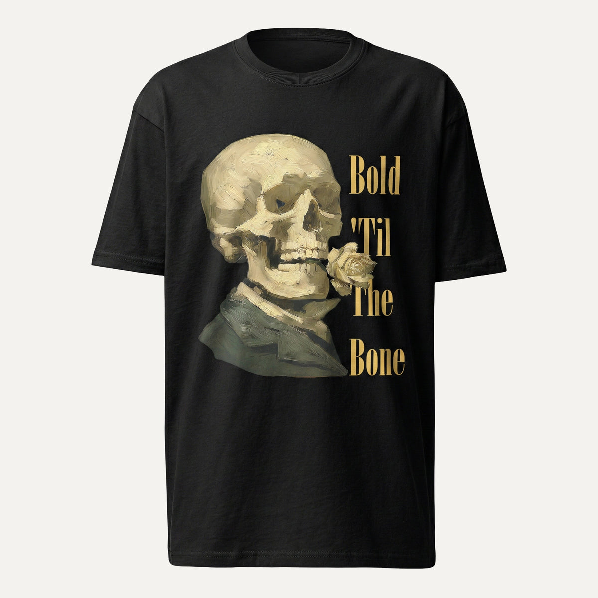 Black t-shirt with a skull graphic and 'Bold Til The Bone' text on a white background