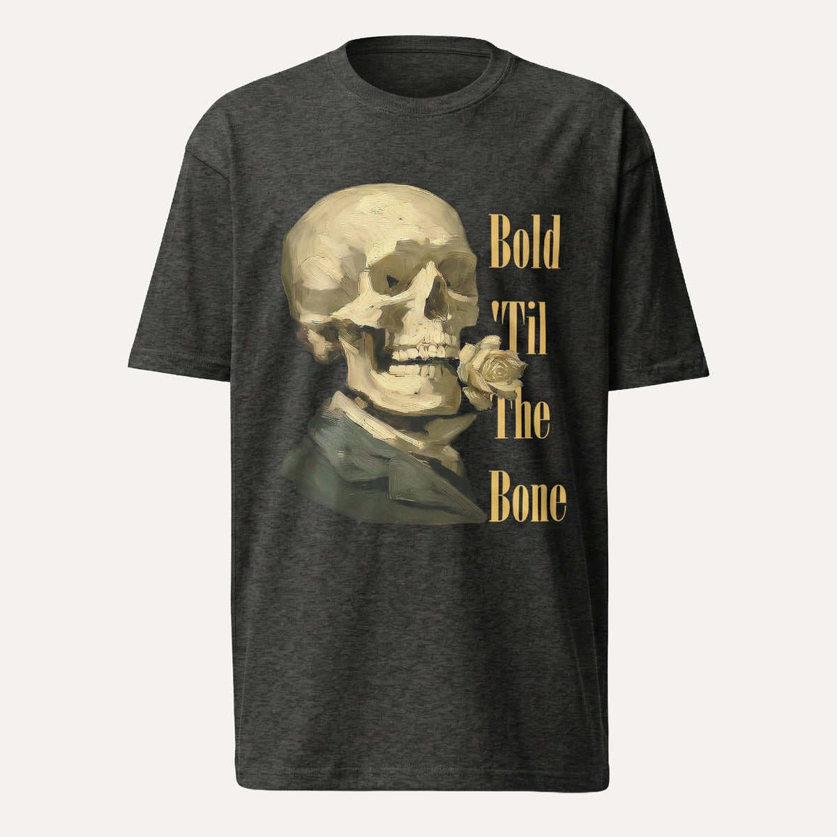 Dark gray t-shirt with a skull graphic and 'Bold Til The Bone' text on a white background