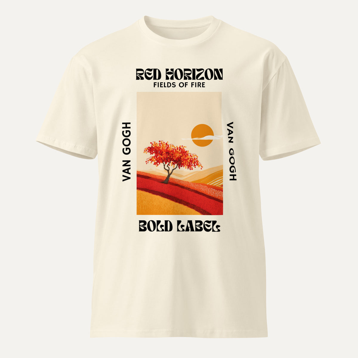Beige t-shirt with Van Gogh artwork and text on a white background